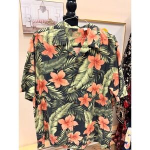 Caribbean Mens XL Silk Hawaiian Shirt Tropical Floral Palm Print Coral Green